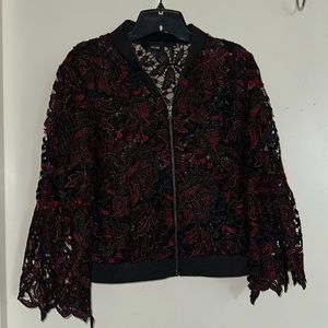 KOBI Burgundy&Black Sheer/Embroidered front zip jacket with 3/4 length sleeve